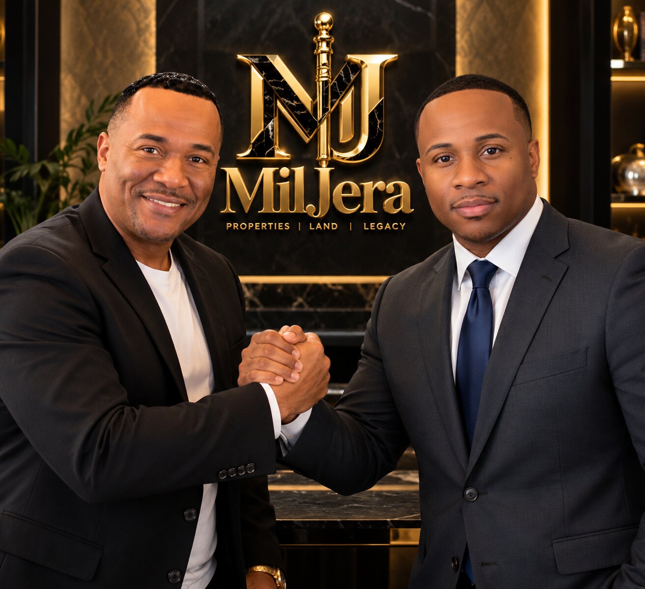 Milton Moore and Jeremiah Thomas shaking hands in front of the MilJera emblem